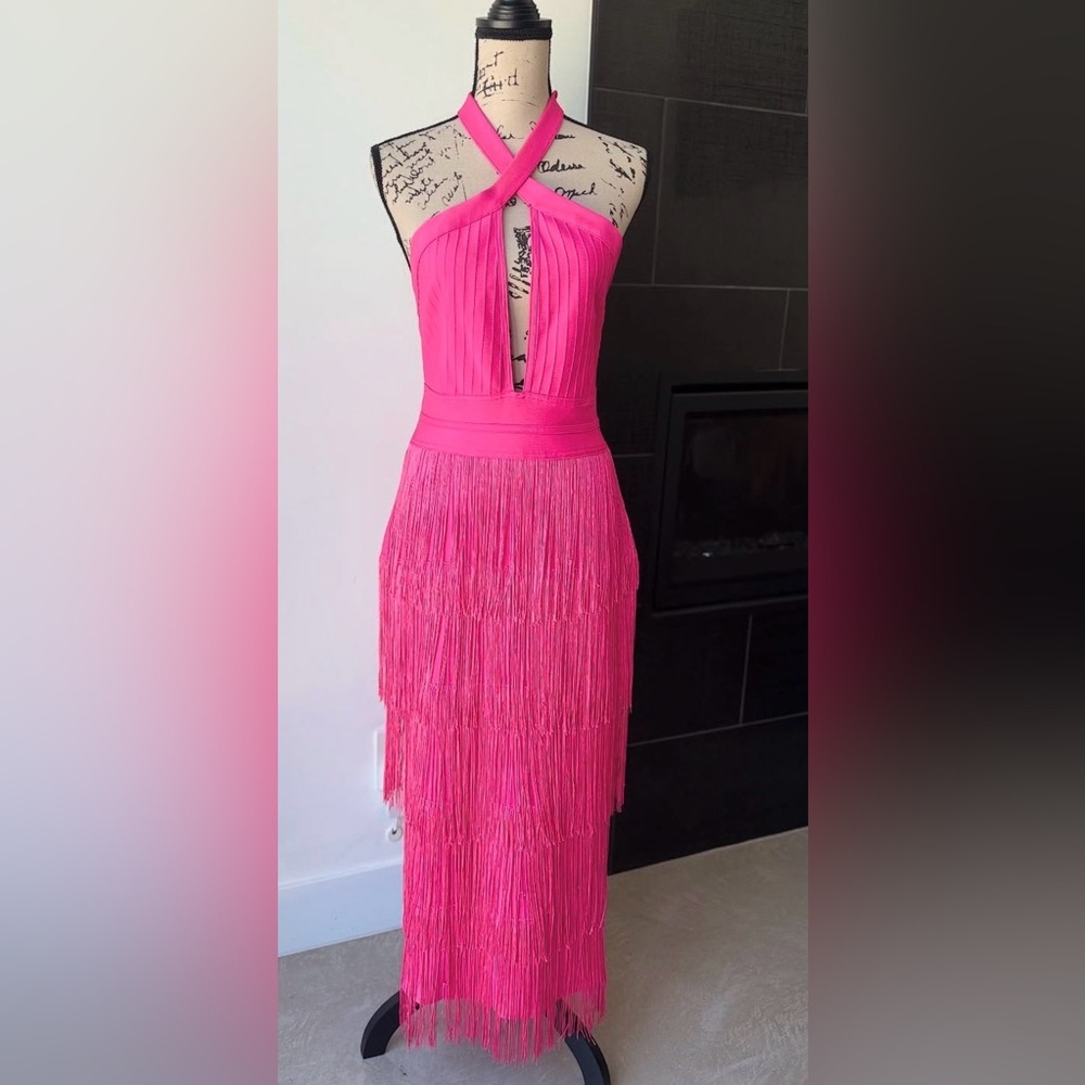Vibrant Pink Fringe Midi Dress